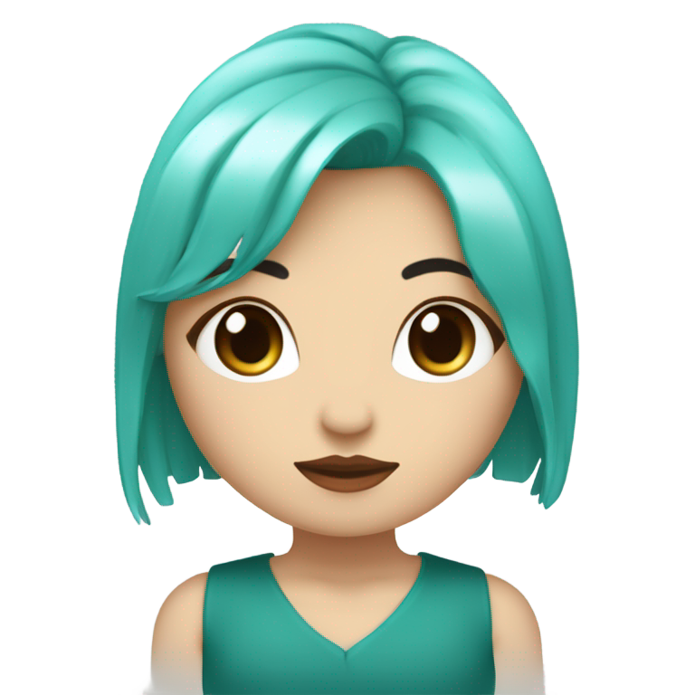 genmoji: un genmoji d'une femme blanche, cheveux chatains avec une frange courte, deux mèches turquoise entourant son visage, la moitié de la frange turquoise, des yeux verts, du fard à paupières et du rouge à lèvres noir, un piercing au septum turquoise