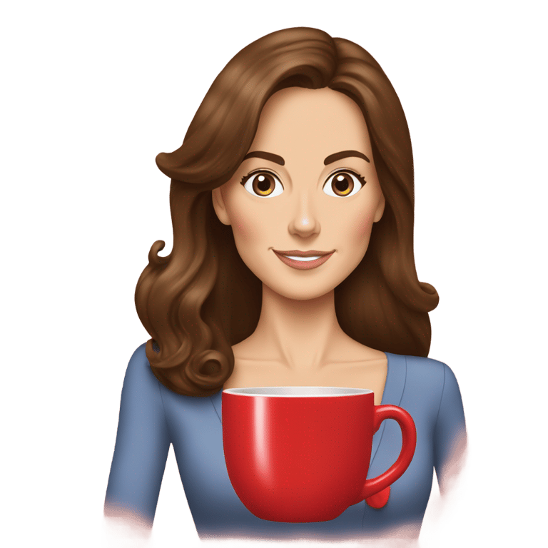 genmoji: Kate Middleton drinking coffee from a large red mug