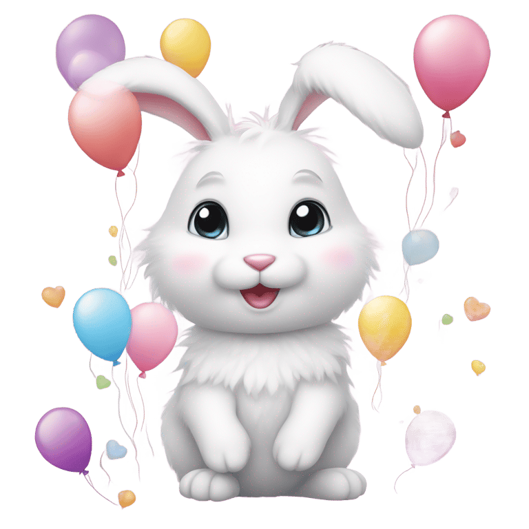 genmoji: Fluffy white bunny, big ears, round cheeks, tiny nose, bright eyes with balloons