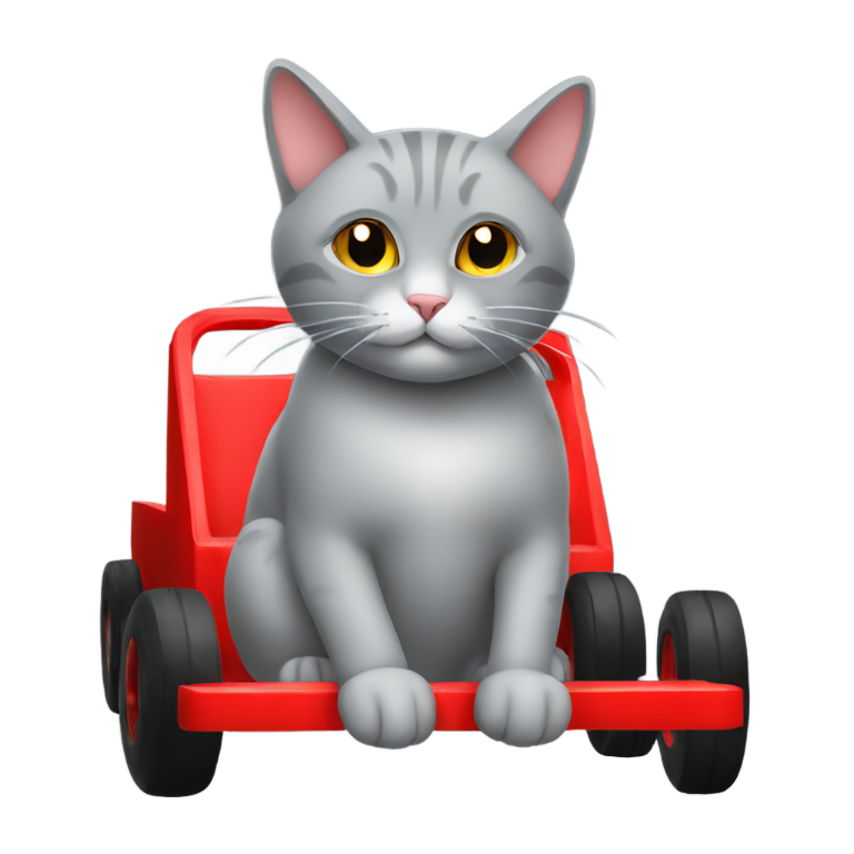 genmoji: a grey cat sitting in a red kart