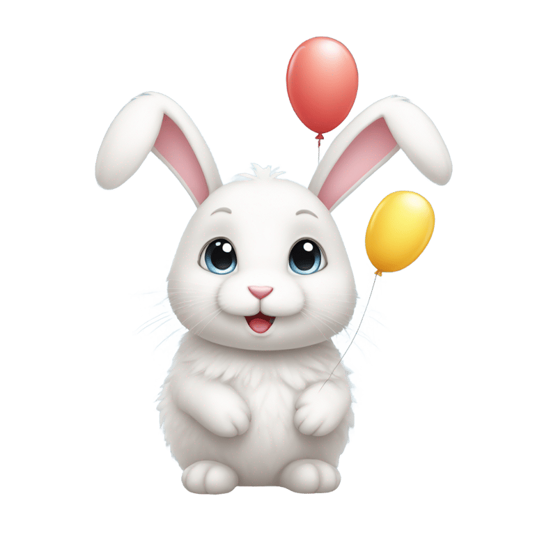 genmoji: Fluffy white bunny, big ears, round cheeks, tiny nose, bright eyes. Holding balloon