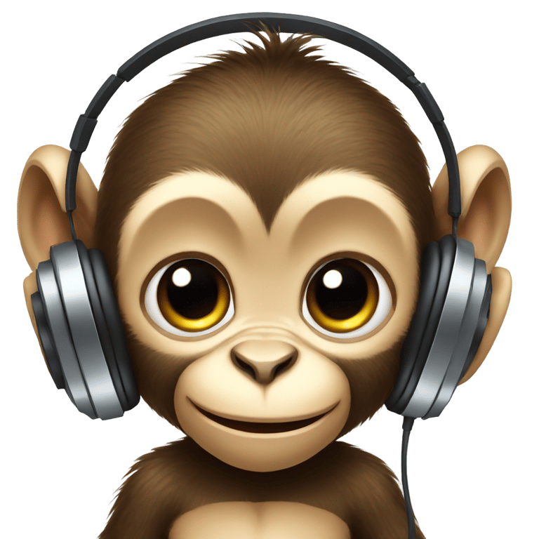 genmoji: baby monkey with big eyes listening to headphones holding an ipod