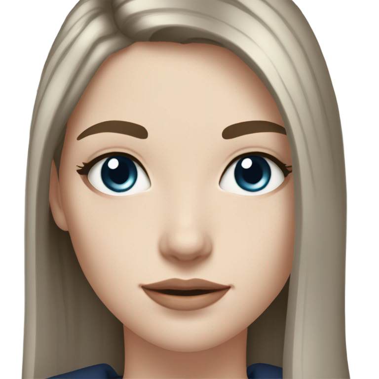 genmoji: white girl with fair skin, black long voluminous straight hair, dark blue eyes, thin arched eybrows, natural makeup, dark clothes, neutral face expression