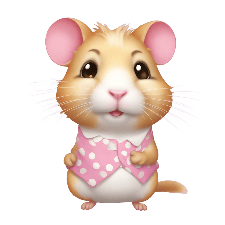 genmoji : Hamphrey is an anthropomorphic hamster with light pink fur and rosy cheeks. His eyes are big and bright, and he has a friendly smile. Hamphrey wears a white shirt with colored polka dots