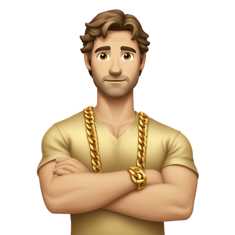 genmoji: brown haired strong Caucasian male, No beard, a gold shirt, multiple gold chains, gold wrist bands, arms crossed