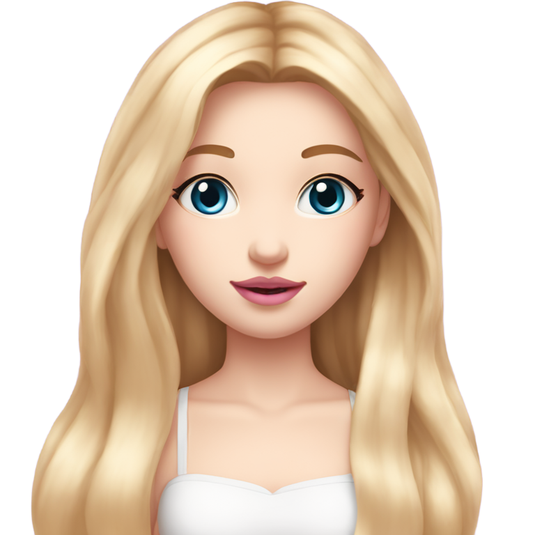 genmoji: Aesthetic teenage girl with long, straight blonde hair, blue eyes, and fair skin. Wearing a white strappy top and applying pink lip gloss. Soft lighting, dreamy mood, framed to mid-chest.