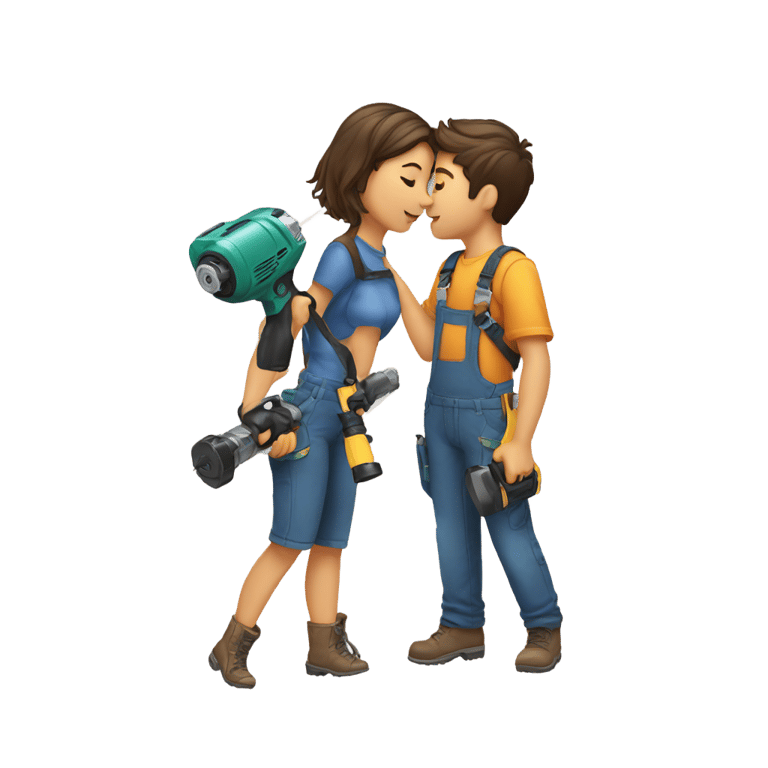 genmoji: girl and a handman with a power drill kissing