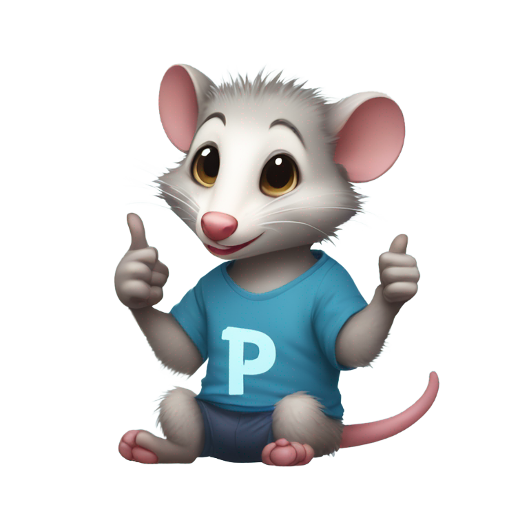 genmoji: An opossum wearing a t-shirt that says "PP" and giving a thumbs up with a smirk...sassy, not cute.