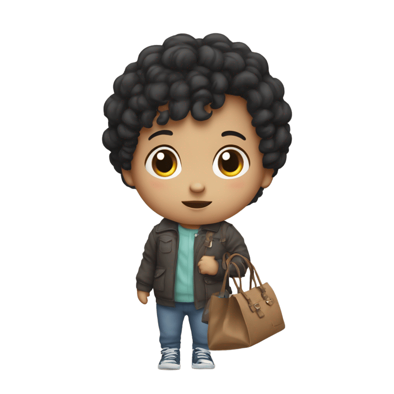 genmoji: a white-skinned black hair toddler with a bag and confused look with question marks around it