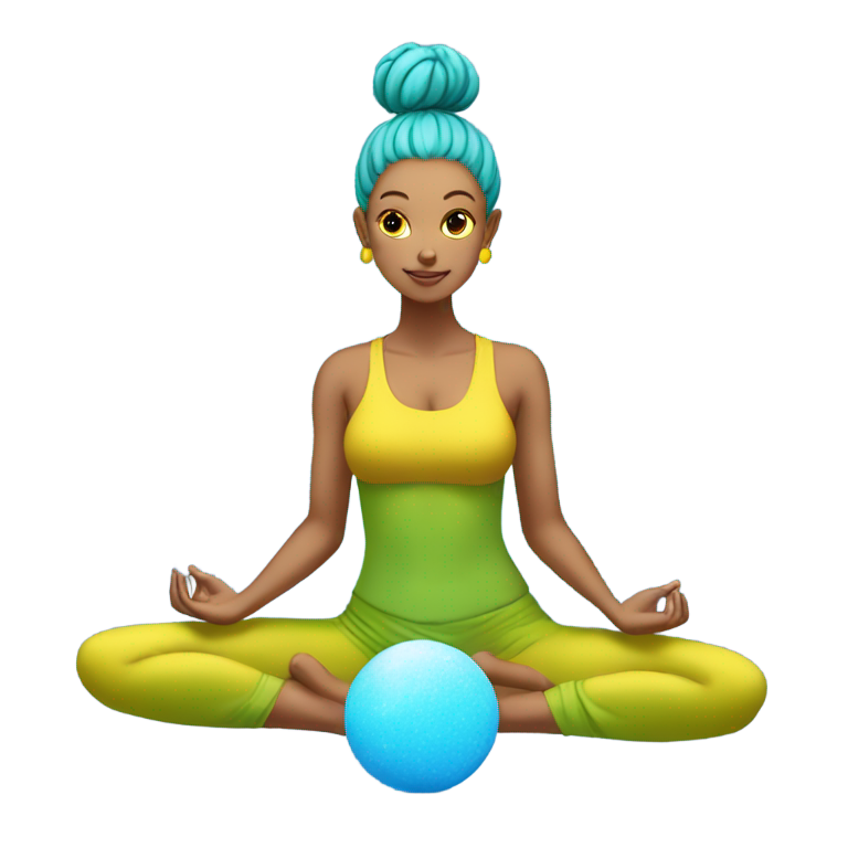 genmoji: A yogini with a green onesie, yellow hair in a bun and tanned skin, in lotus position, generating a blue energy ball with hands above her head.