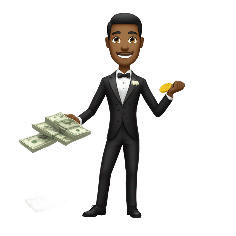 genmoji: Create an image of a confident man wearing a sleek black tuxedo with a sharp white shirt underneath. The tuxedo should be tailored perfectly, showing off a sharp, sophisticated look. He should be wearing stylish black sunglasses, exuding a cool and trendy vibe. In one hand, he ho