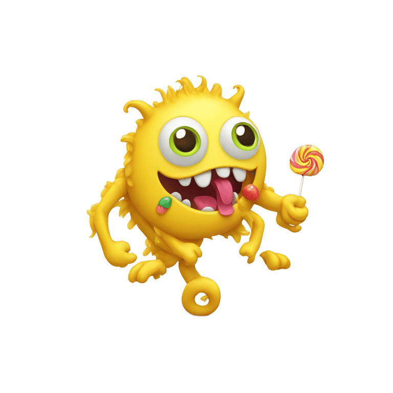 genmoji: Cute monster with yellow hair eating candy