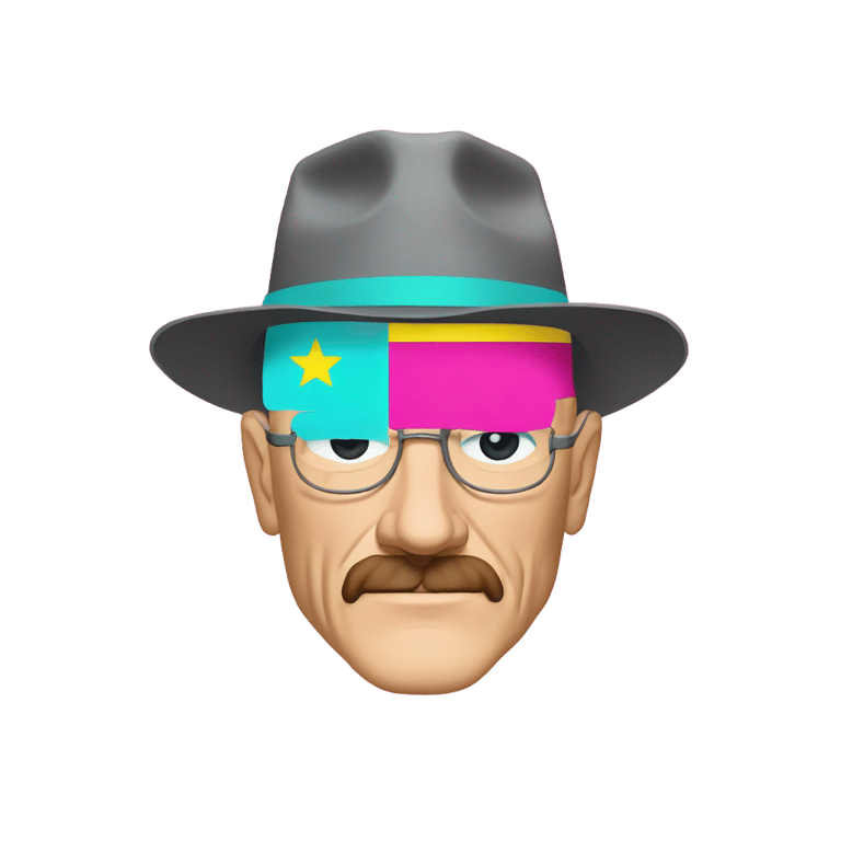 genmoji: Walter white looking at flag that is hot pink at the top, yellow in the middle, and cyan at the bottom