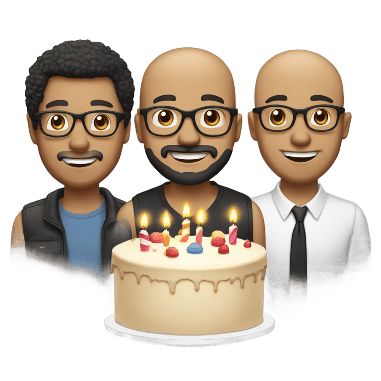 genmoji: Three men light skin tone with a birthday cake. The first man is bald,wears glasses,headphone and radio microphone. The second is a man with a beard, black hair and wearing glasses. And the third is a bald man wearing a cap.