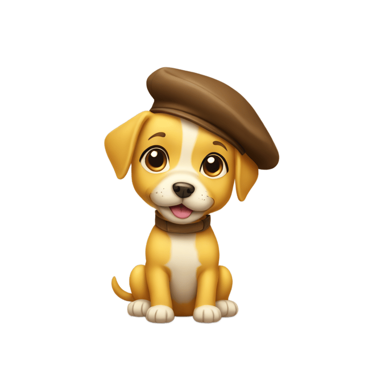 genmoji: yellow cartoon baby dog with brown beret