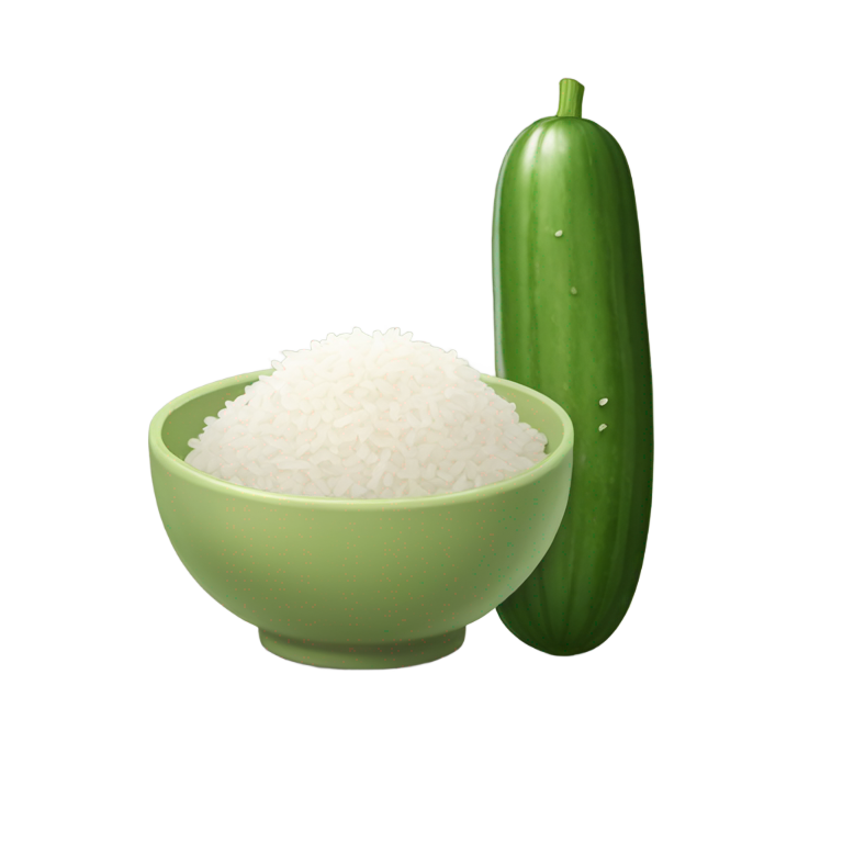 genmoji : Un concombre tranché à côté d'un petit bol de riz.