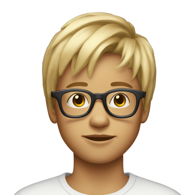 genmoji : Garçon de 11 ans avec une frange blonde texturée et des lunettes transparentes, sans sourcils.