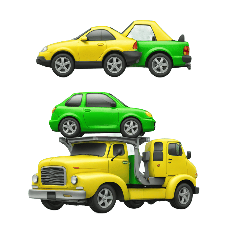 genmoji: Green compact car on yellow towtruck