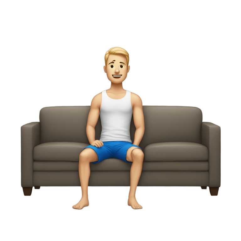 genmoji: white man wearing blue shorts sit on couch