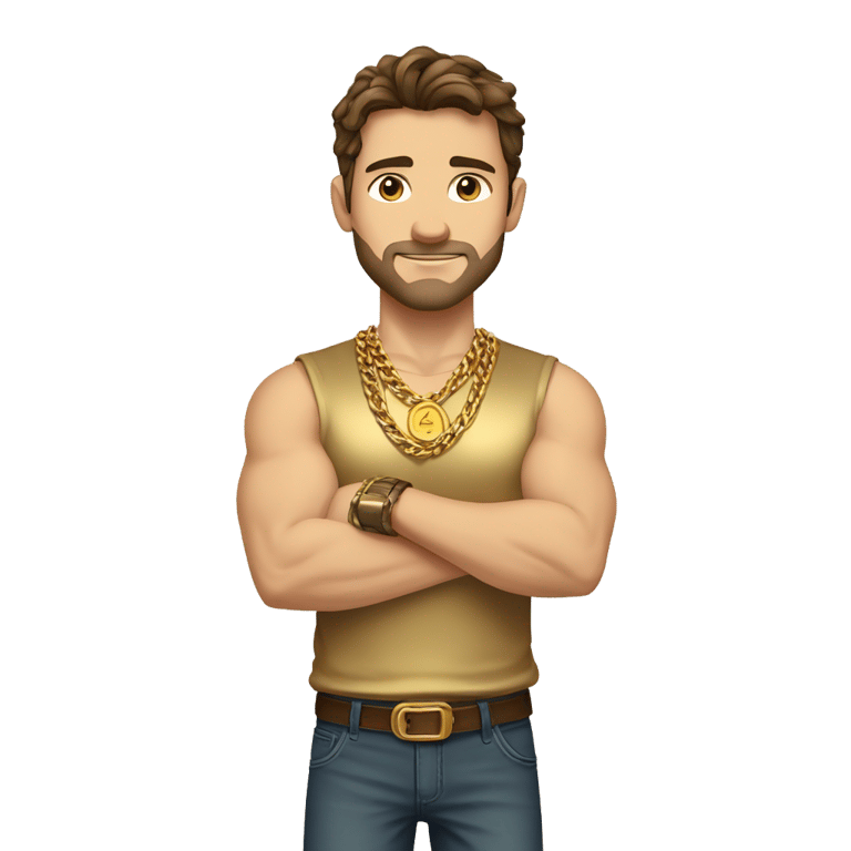 genmoji: brown haired strong Caucasian male, No beard, a gold shirt, multiple gold chains, gold wrist bands, arms crossed