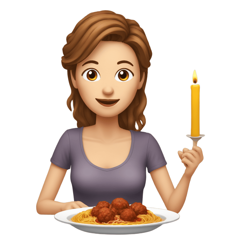 絵文字：brown hair white woman eating spaghetti and meatballs at a table with candles