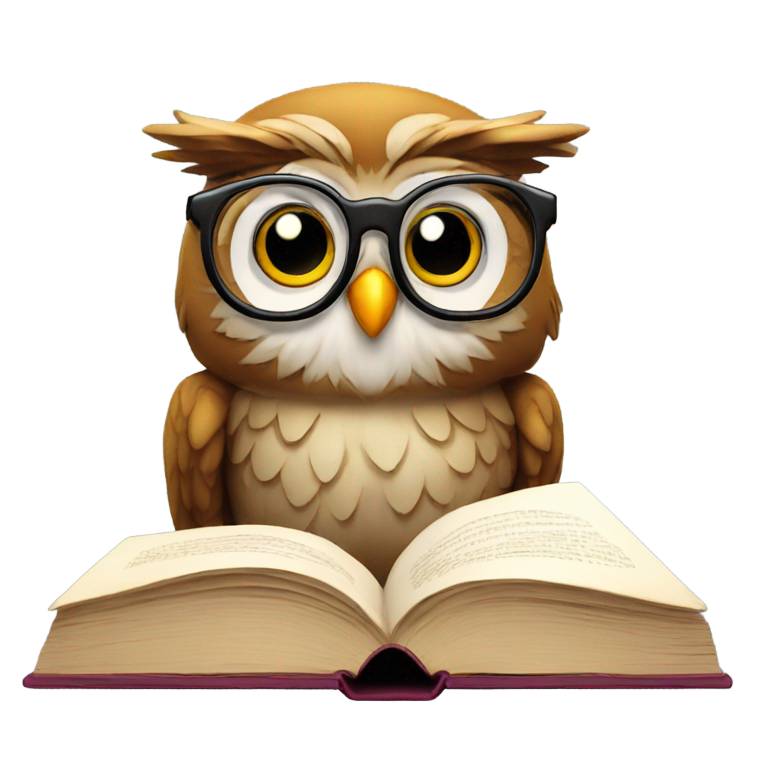 genmoji: Wise owl with glasses winking and looking up from behind a book