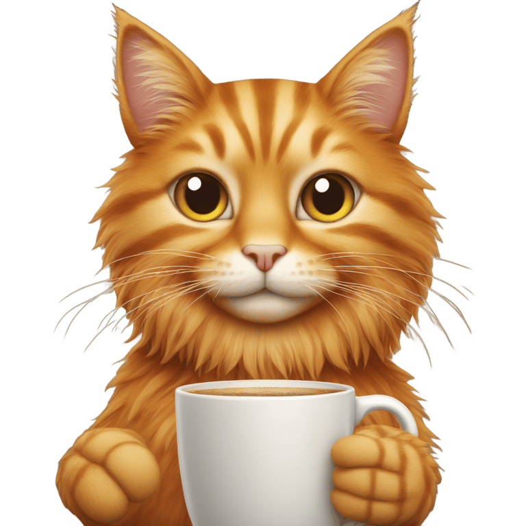 genmoji: A ginger cat with long fur holding a cup of coffee with a foam heart