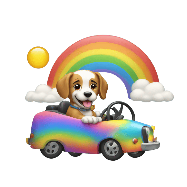 genmoji: Rainbow dog driving a car