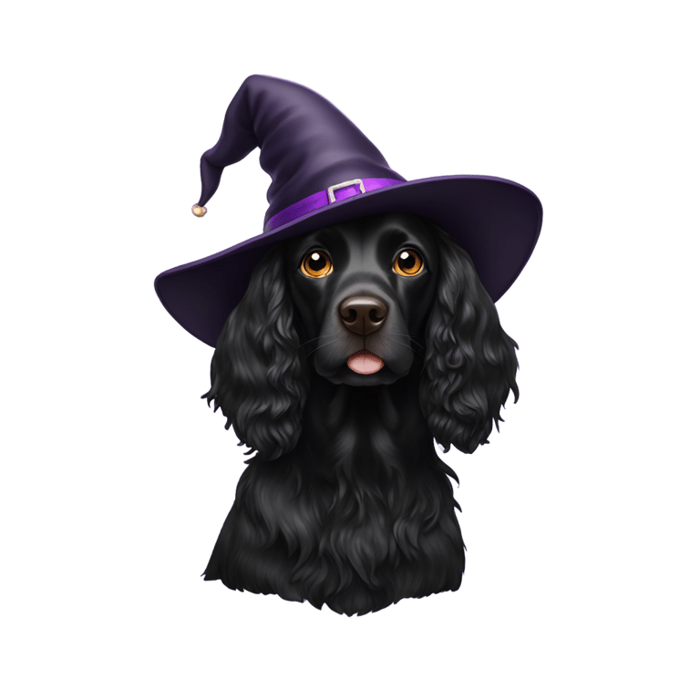 genmoji : A black sprocker spaniel with a witches hat