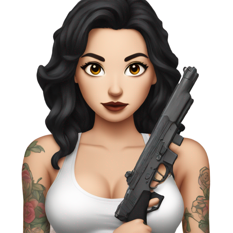 genmoji: White girl with black hair, tattoes all over and wearing lingerie while holding a gun