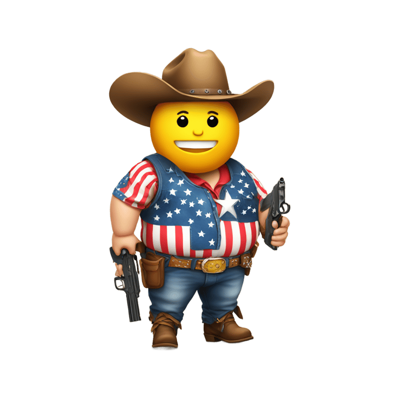 genmoji：肥胖的牛仔戴着 cowboy帽子，手持枪，穿着美国国旗服装的卡通人物