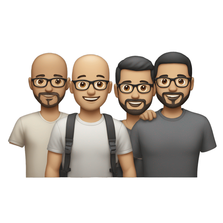 genmoji: Three men light skin tone with a birthday cake. The first man is bald and wears glasses. The second is a man with a beard, black hair and wearing glasses. And the third is a bald man wearing a cap.