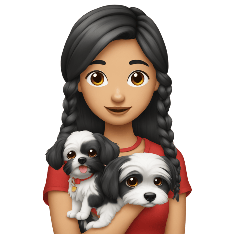 genmoji: crie uma menina de cabelos escuros com seu cachorro shitzu preto e bandana vermelha