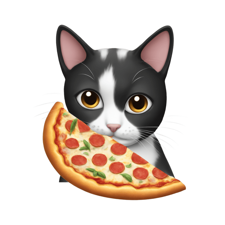 genmoji: a black and white short hair cat eating a slice of pizza