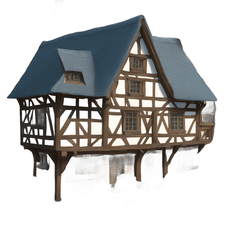 genmoji: 500-year-old half-timbered house with light blue beams and red bricks and a small garden