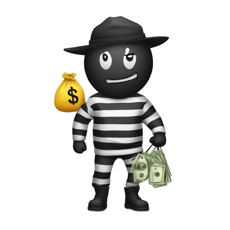 genmoji: A robber with black and white stripes on the shirt with a money bag with a dollar sign on it