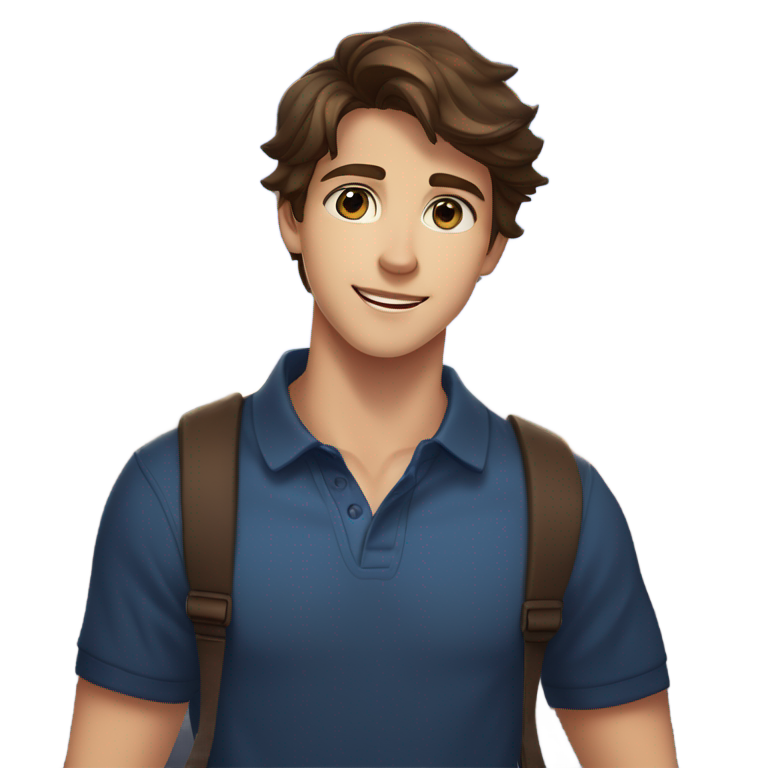genmoji : Adolescent aux traits doux, yeux bleus clairs, peau claire et cheveux brun foncé légèrement ondulés, raie au milieu. Porte un polo et un collier avec un pendentif en forme de cœur bleu. Arrière-plan : rue de ville nocturne chaleureuse avec des lumières douces, ambiance calme et décontractée.
