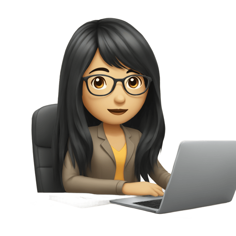 genmoji: asian with long black hair and bangs with glASSES SITTING AT HER DESK WITH LAPTOP