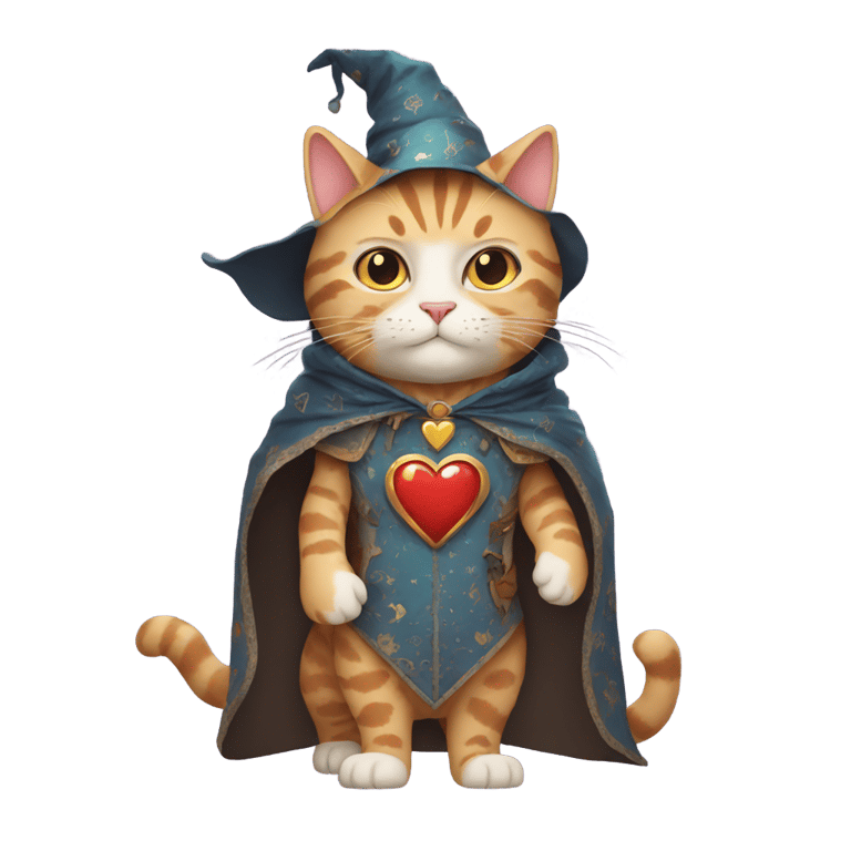 genmoji: ted cat mixed with a hippe wizard with a heart patterned cape and make him really tall