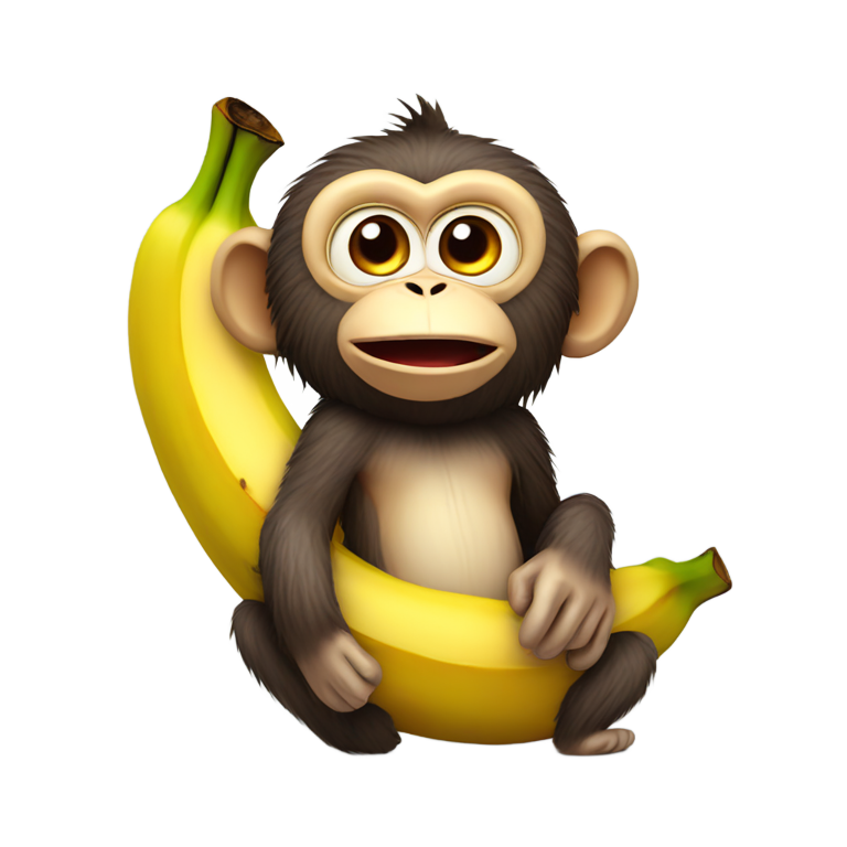 genmoji: 3D cartoon monkey sitting inside a peeled banana, realistic fur, expressive face, funny and playful look, vibrant colors."