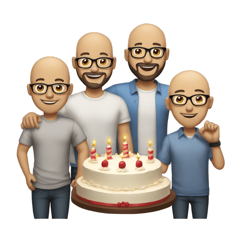 genmoji: Three men light skin tone with a birthday cake. The first man is bald,wears glasses,headphone and radio microphone. The second is a man with a beard, black hair and wearing glasses. And the third is a bald man wearing a cap.