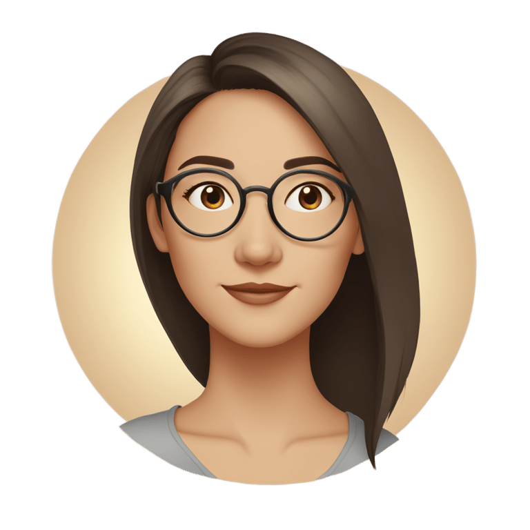 genmoji: A cartoon-style headshot illustration of a young woman with straight, dark brown hair, parted slightly off-center. She is wearing round, thin-framed eyeglasses with gold-colored rims and temples. The background is a circular shape with a soft gradient, transitioning from a light 