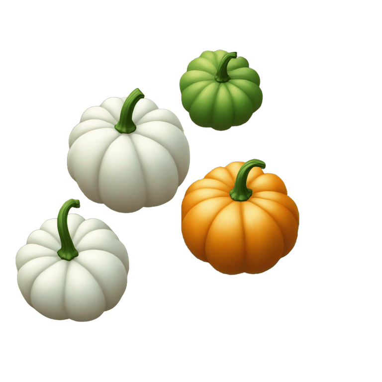 genmoji: An orange pumpkin, a white pumpkin and a green pumpkin. Planted in the garden.