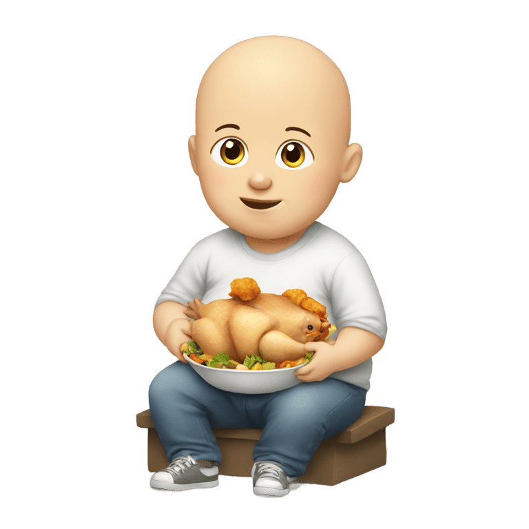 genmoji: Fat bald kid eating chicken