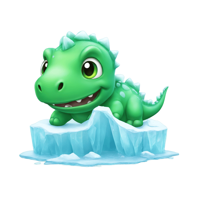 genmoji: a green baby dinosaur frozen in an iceberg