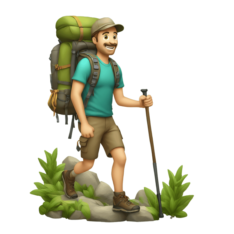 絵文字：man hiking, hiking backpack, hiking stick