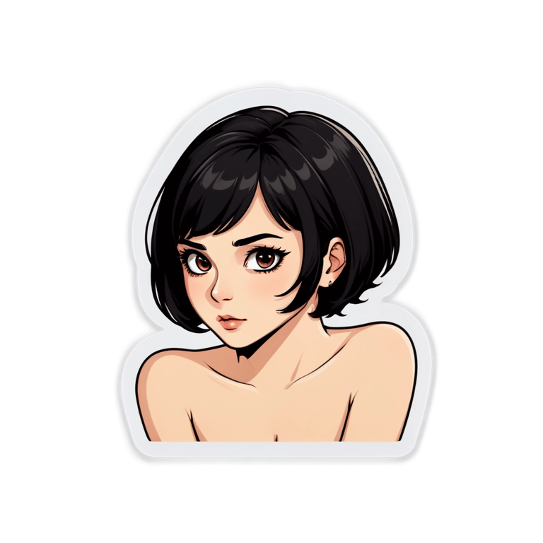 絵文字：黒髪ショートヘアの可愛い女性が、白い肌を露出し、恥ずかしそうにこちらを見ている。