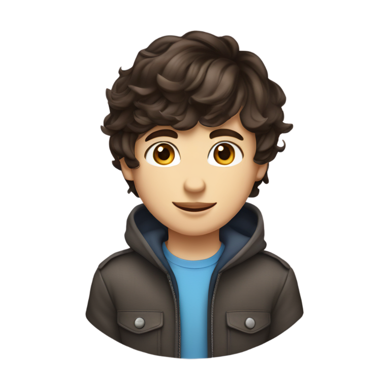 genmoji : Un emoji de garçon adolescent incroyablement beau avec des yeux bleus perçants, des cheveux bruns foncés ondulés en frange rideau, un visage rond et doux, et une expression charmante. Le design doit être dans le style d'un emoji mignon et stylisé, avec des traits lisses et une vibe jeune et cool.