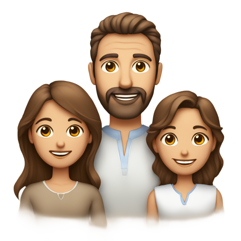 genmoji: un portrait de famille de trois personnes avec une maman aux cheveux très longs ondulés châtain et aux yeux bruns, un papa aux cheveux très courts lisses bruns, yeux bruns et légère barbe brune et un nourrisson aux cheveux très courts bruns et yeux bleus/gris