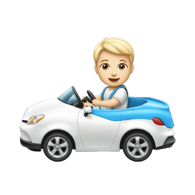 genmoji : Baby driving a White car with blue roof